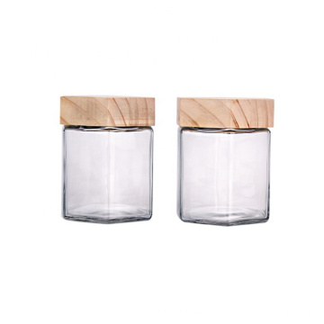 customized hexagon 380ml glass jar for honey glass honey jar with wood cap